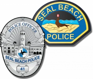 Seal Beach Police badge and patch featuring the City of Seal Beach, California, with "POLICE OFFICER" text, a city hall building, clock tower, palm trees, sea lion emblem, and badge number 41; the patch displays "SEAL BEACH POLICE" with a sea lion on a beach and ocean waves.